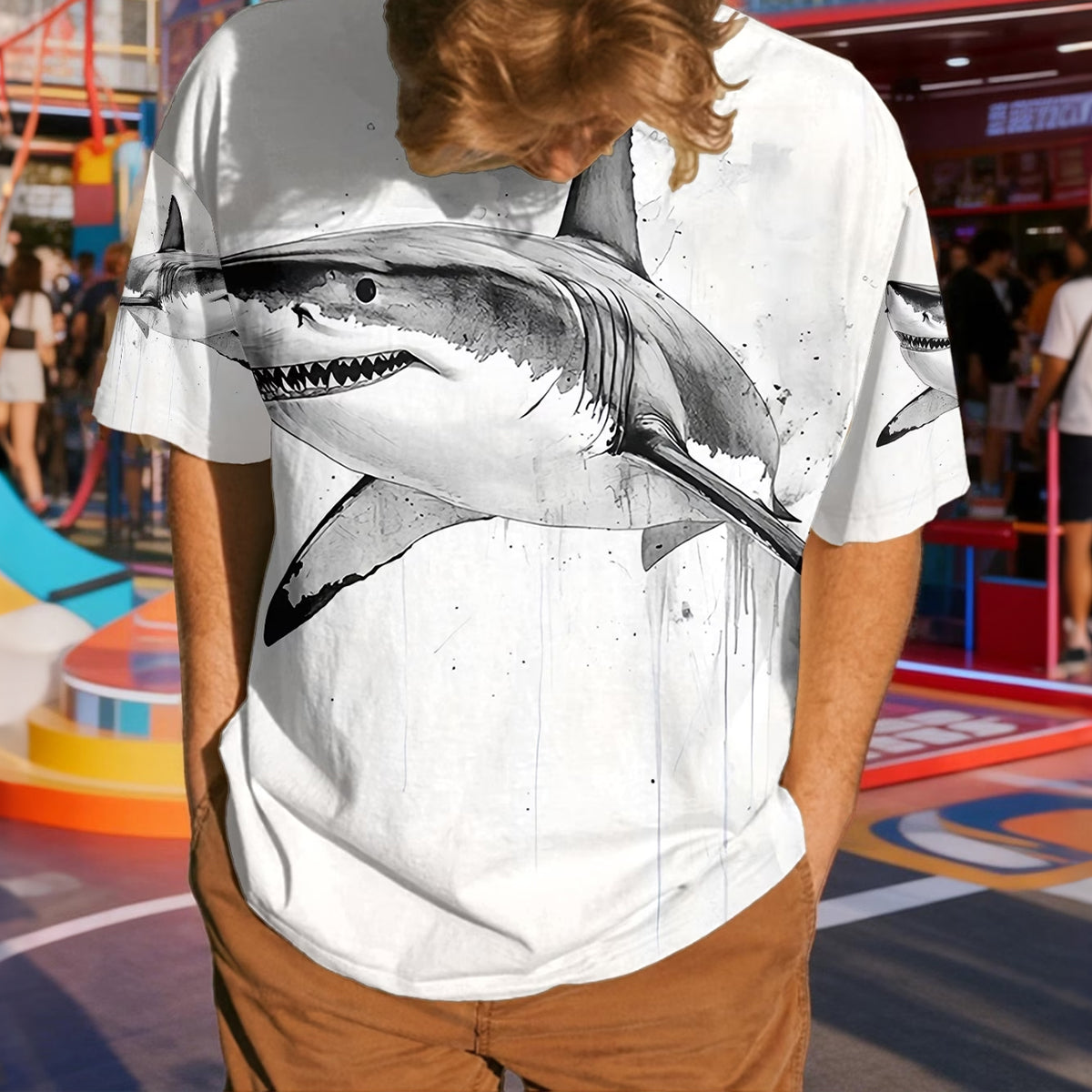 Deep Sea Shark Print 100% Cotton Casual T-Shirt