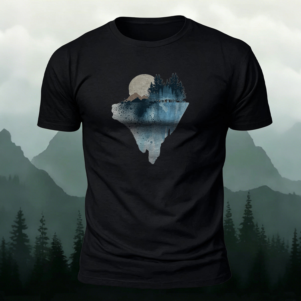 Natural Scenery Print Breathable Material Casual T-Shirt Black