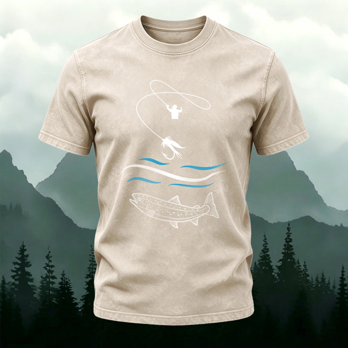 Fishing Pattern Natural Style Ultra-soft Fabric T-Shirt Apricot