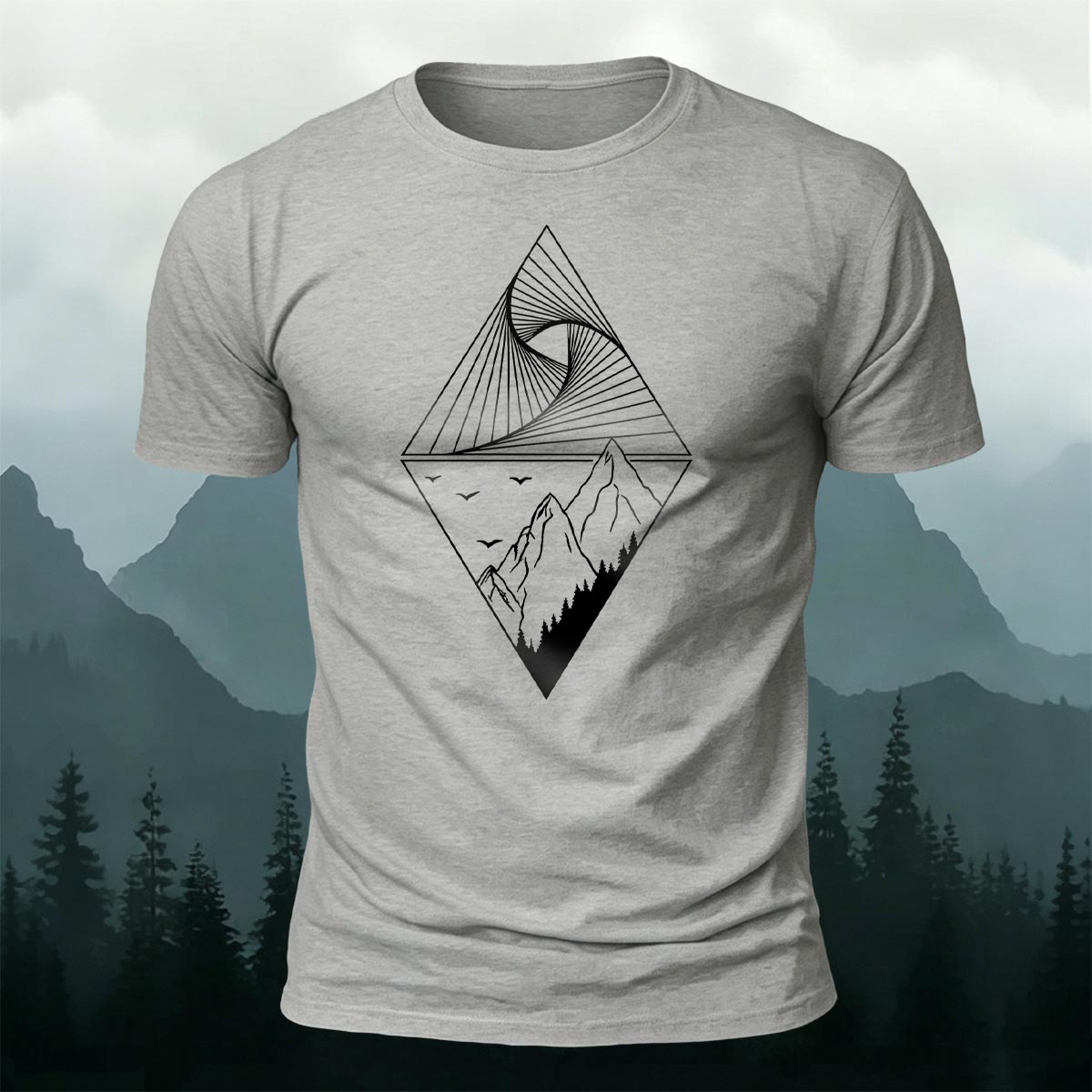 Mountain Geometric Pattern Casual 100% Cotton T-Shirt