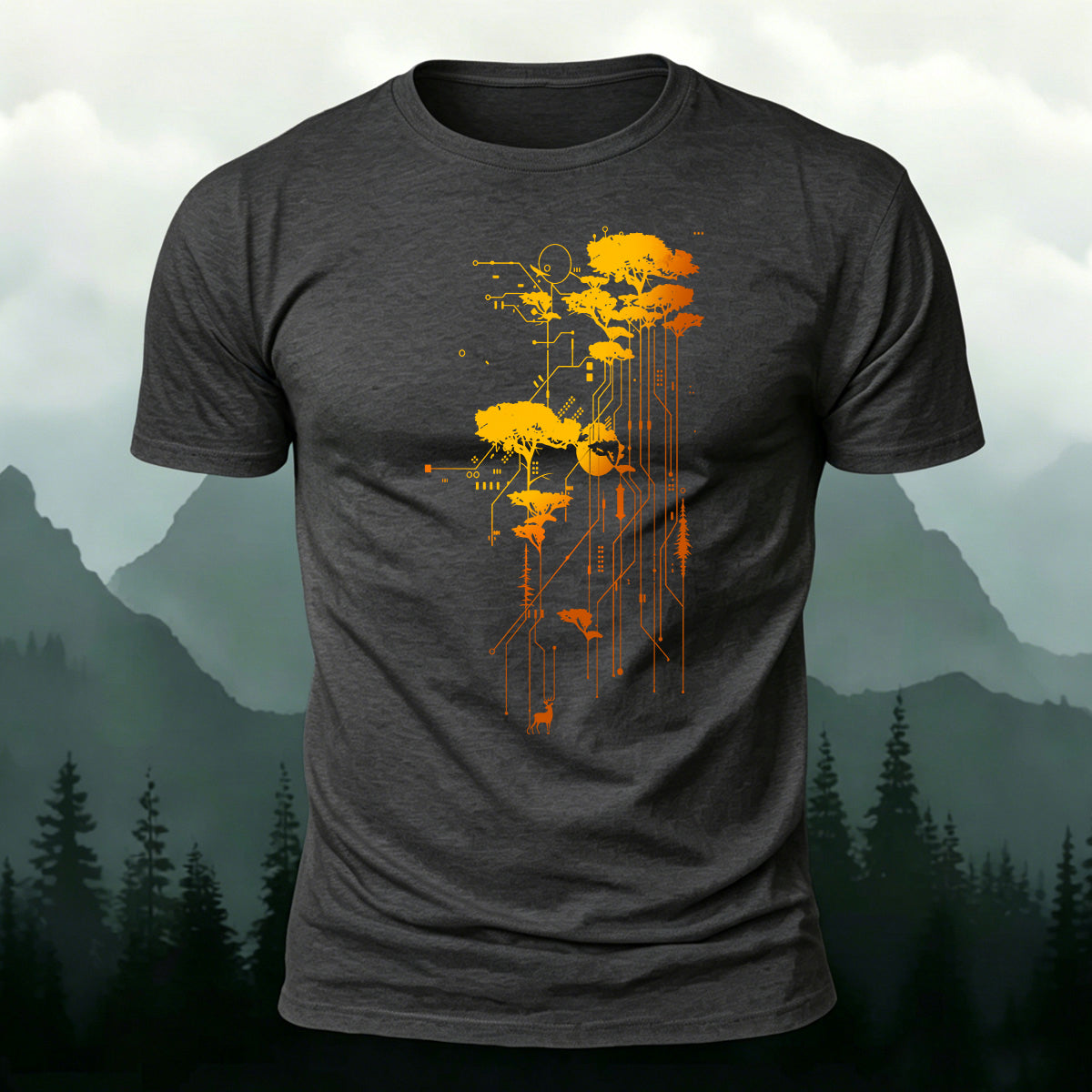 Artistic Trees Pattern Breathable Material Casual T-Shirt Dark grey