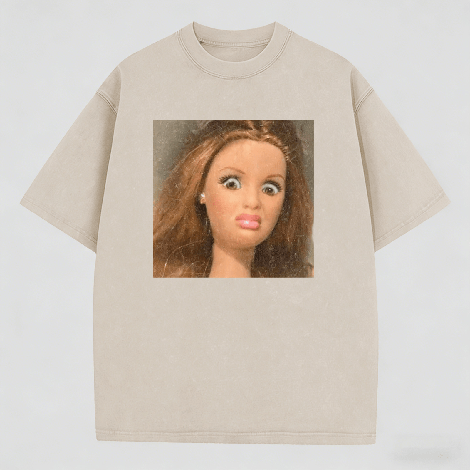 Disdainful Face Print Washed  Cotton Crew Neck T-Shirt