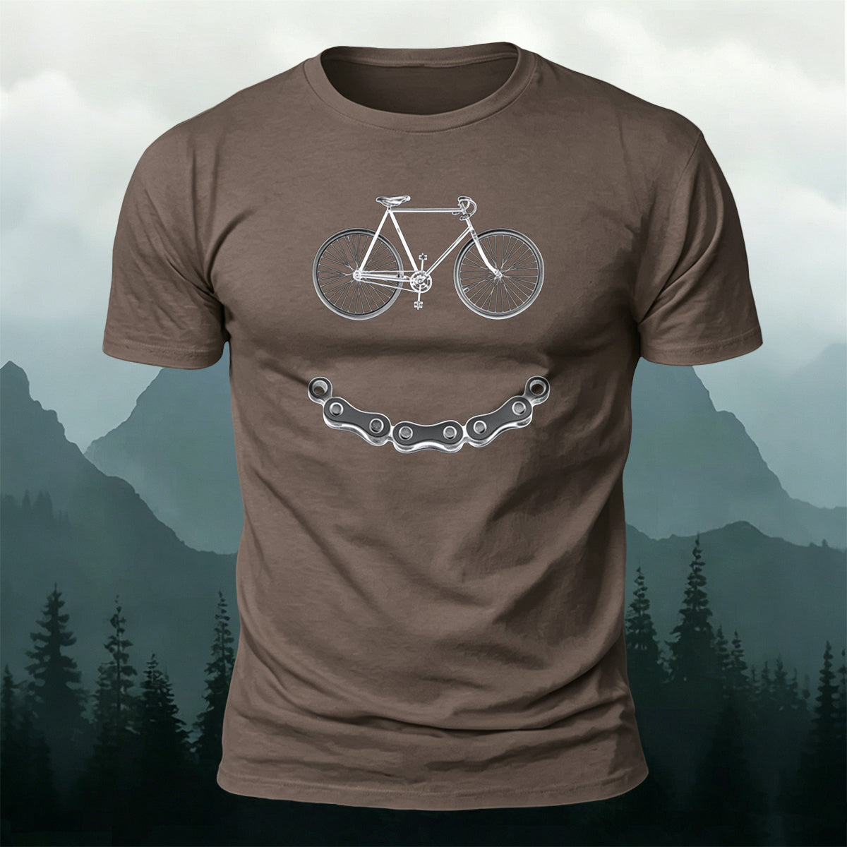 Bicycle-Motif Smile Print Outdoor Cotton T-Shirt