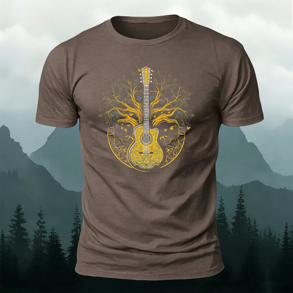 Guitar God Tree Trend-Print Casual Cotton T-Shirt