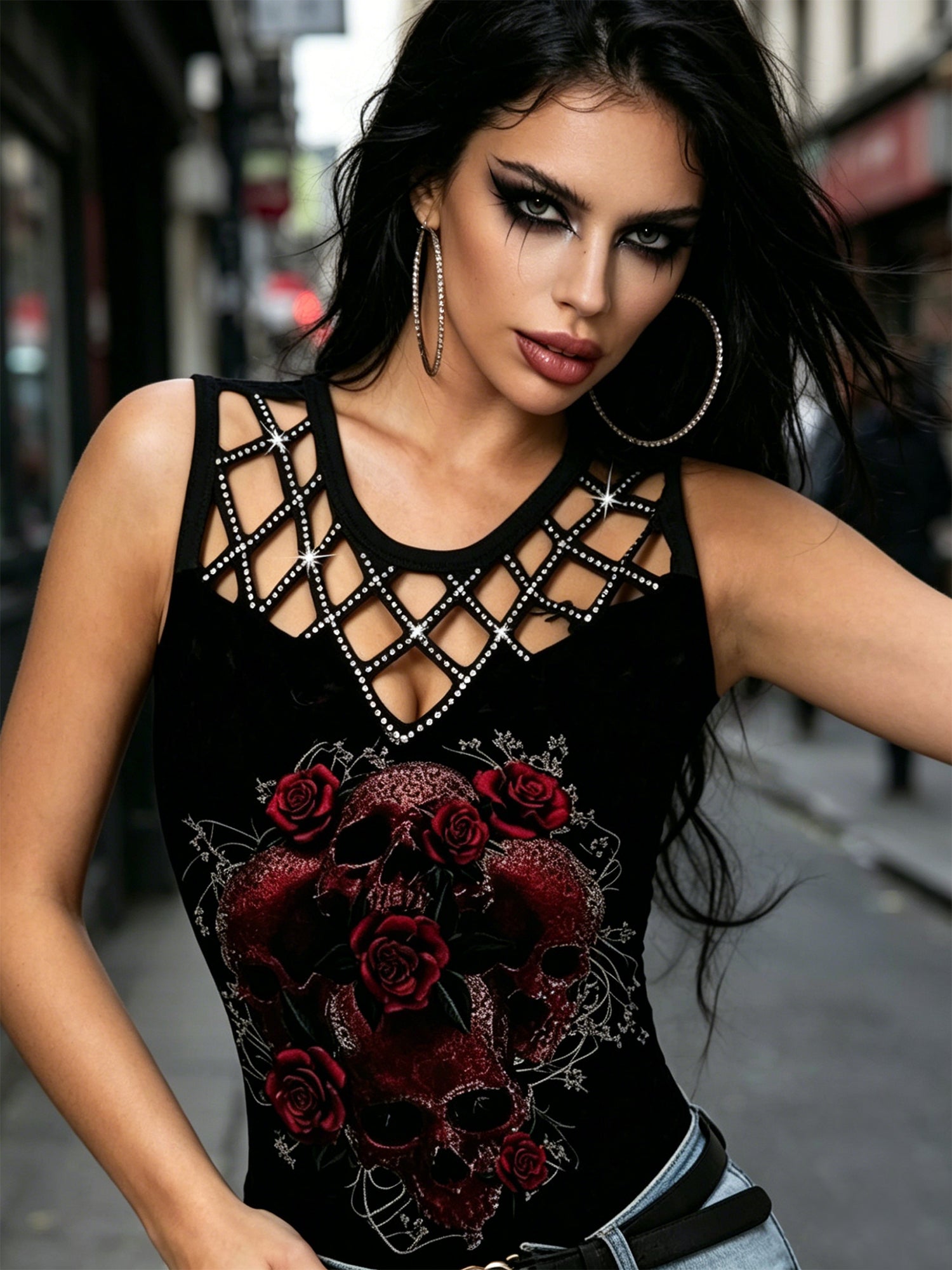 Openwork Patchwork Rose Print Women's Sleeveless Tank Top