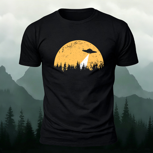 Alien Spaceship Pattern Skin-Friendly Casual T-Shirt Black