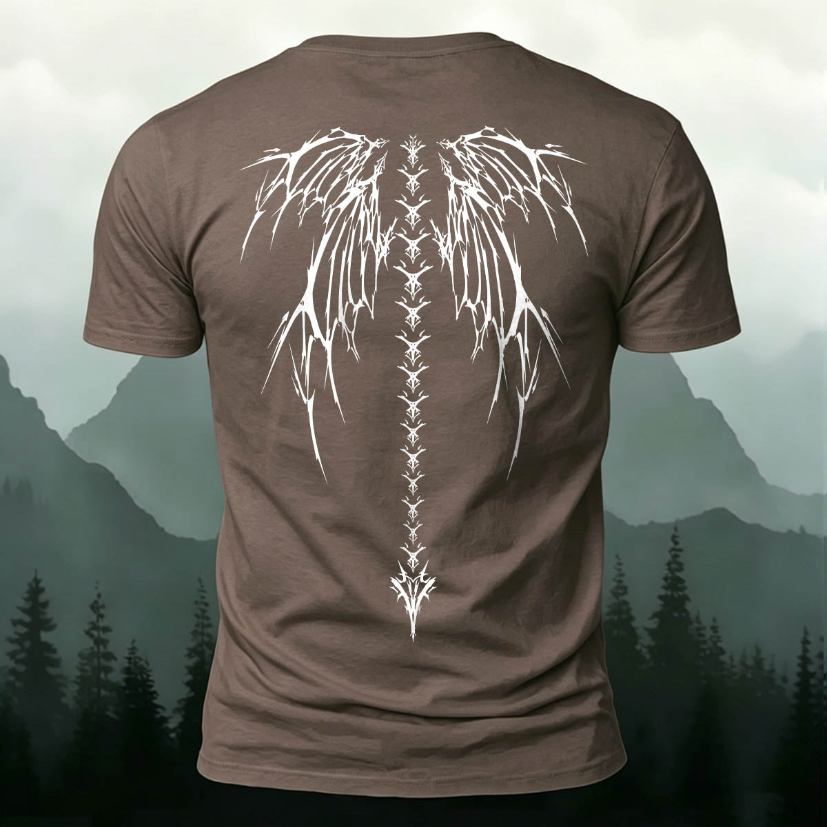 Dark-Style Devil Wings Spine Print Casual Cotton T-Shirt