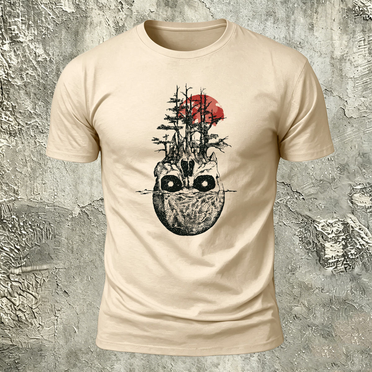 Withered Forest Skull Print Cotton Crew Neck T-Shirt Beige