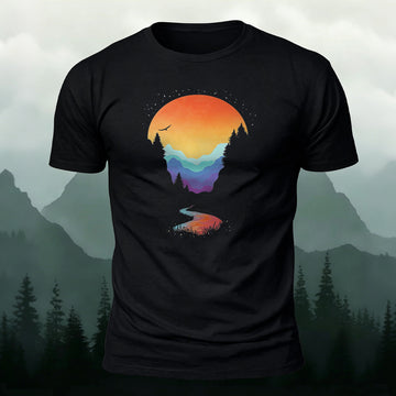 Sunset Scenery Printed Natural Style Skin-friendly T-Shirt Black