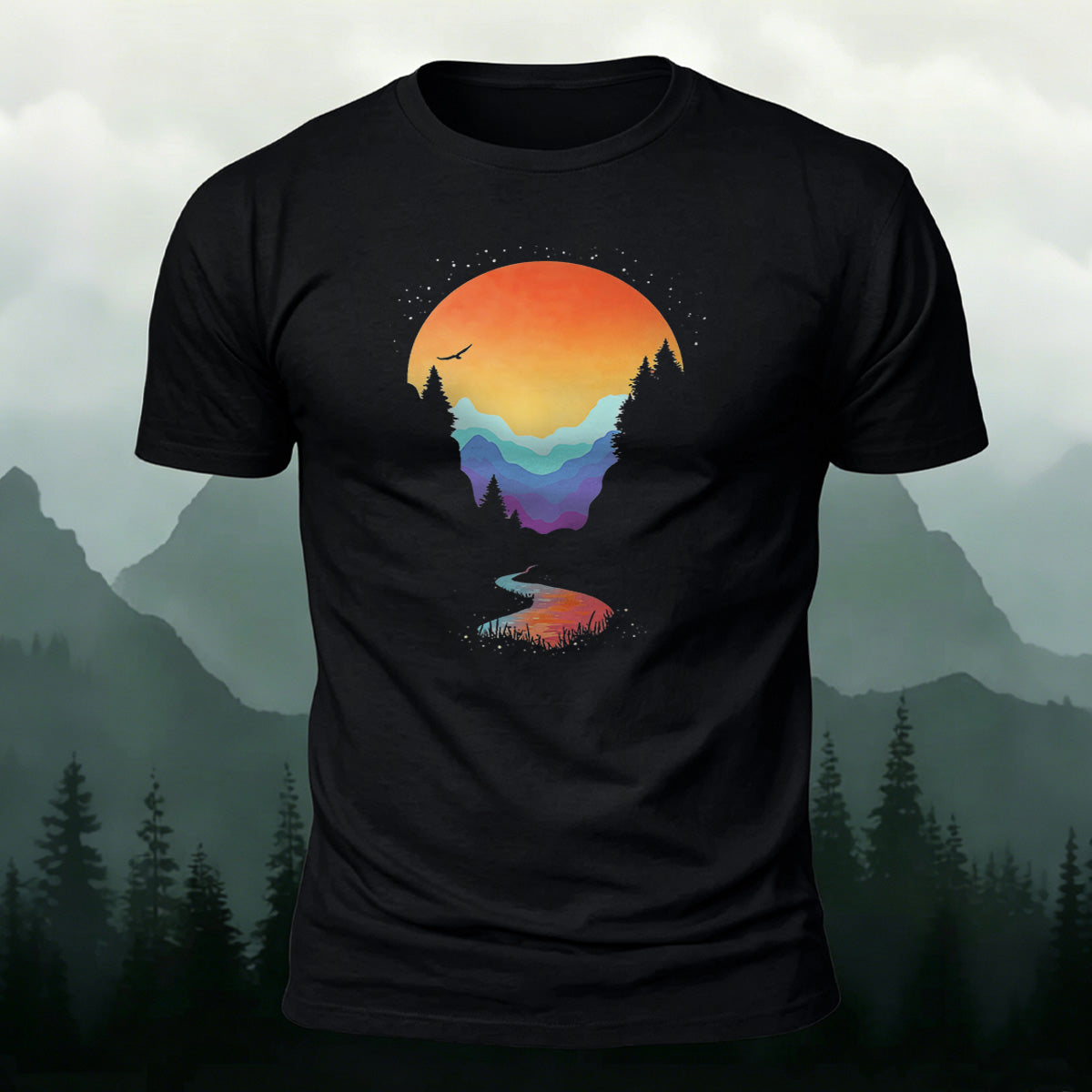 Sunset Scenery Printed Natural Style Skin-friendly T-Shirt Black