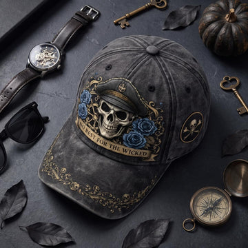 Cotton Skull Blue Rose Print Baseball Cap