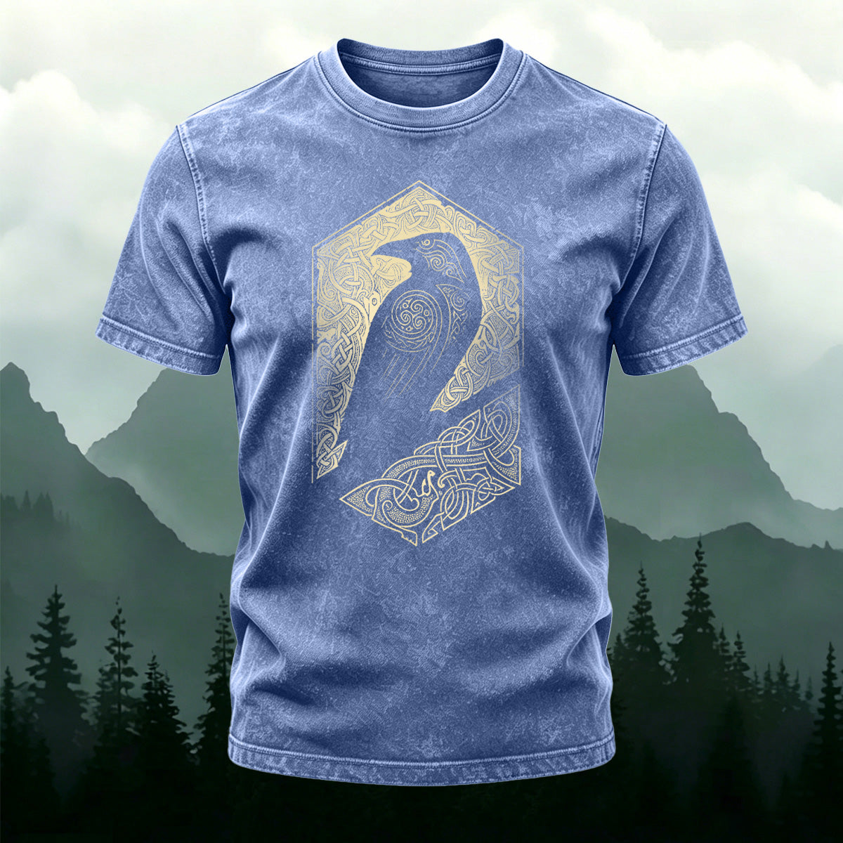 Artistic Bird Print Outdoor Style Washed Cotton T-Shirt