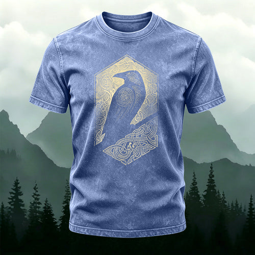 Artistic Bird Print Outdoor Style Washed Cotton T-Shirt