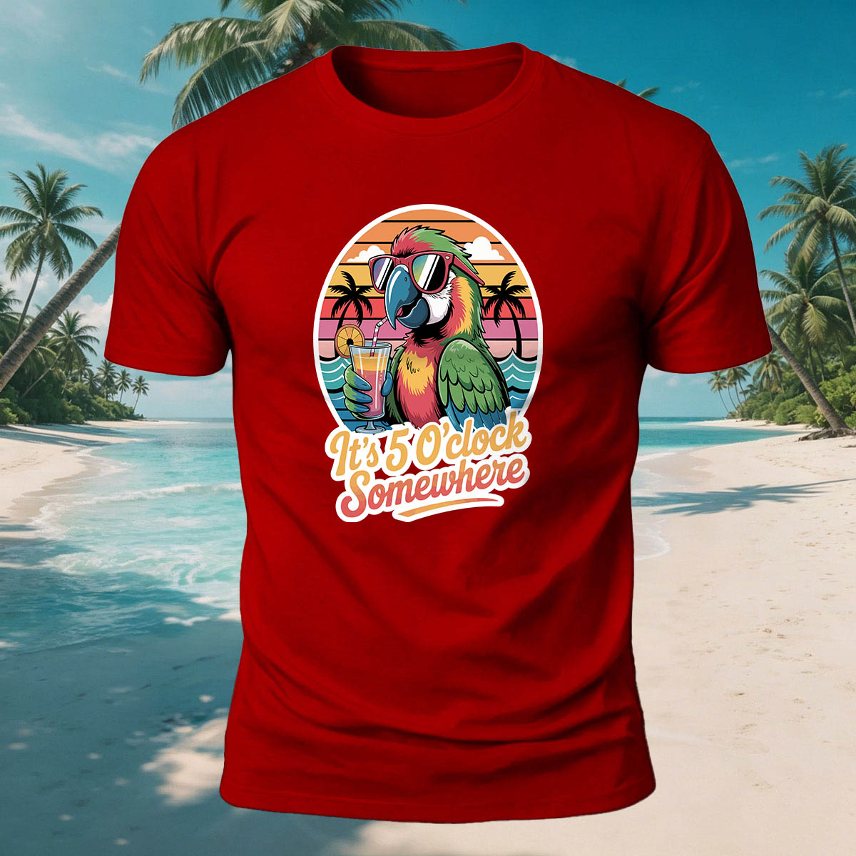 Fun Parrot Drinking Juice Casual Skin-Friendly T-Shirt