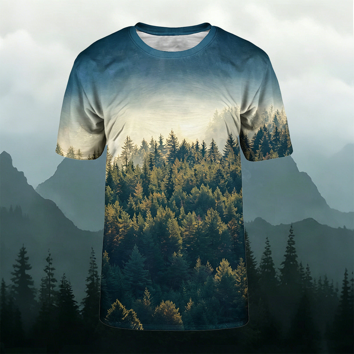Serene Forest Print Casual Cotton Tee