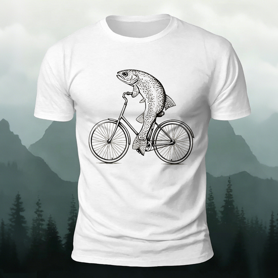 Fish Riding Bicycle Fun Pattern Cotton Casual T-Shirt White