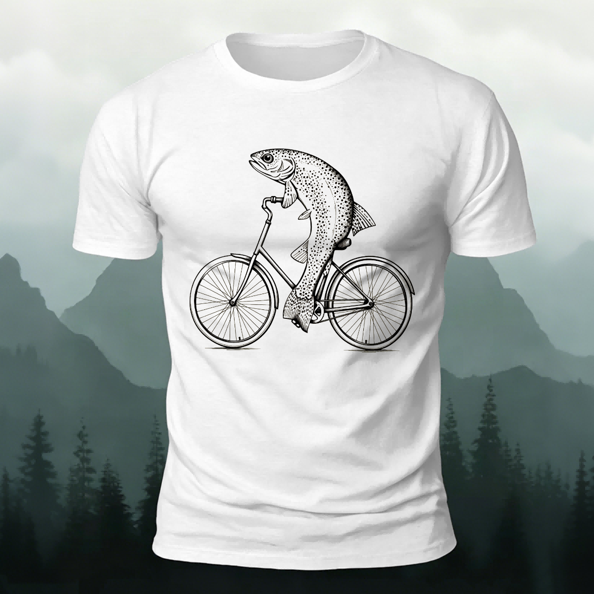 Fish Riding Bicycle Fun Pattern Cotton Casual T-Shirt