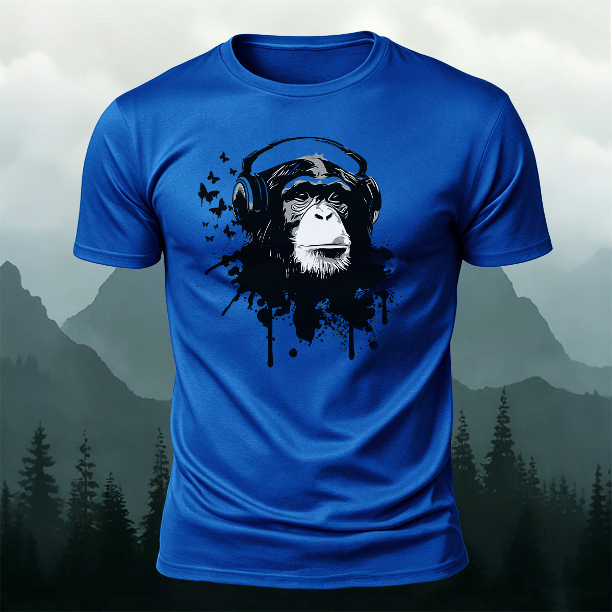 Gorilla Headphones Print Casual Cotton T-Shirt Blue