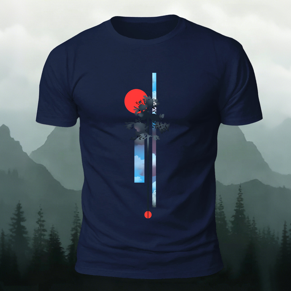 Tree Pattern Natural Outdoor Premium Cotton Tee Navy
