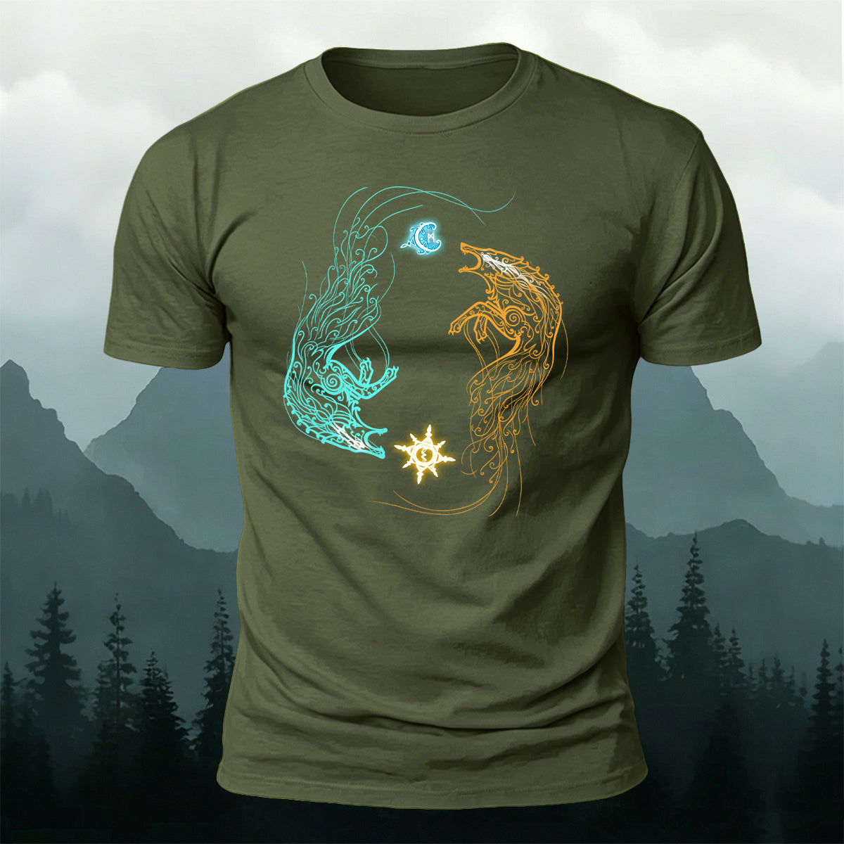 Sun and Moon Chasing Totem Print Versatile  Cotton Tee
