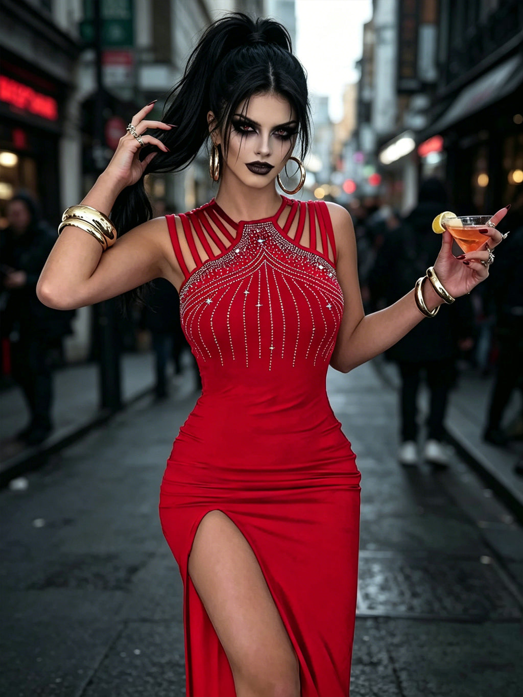 Elegant Rhinestone-Embellished Slit Bodycon Dress