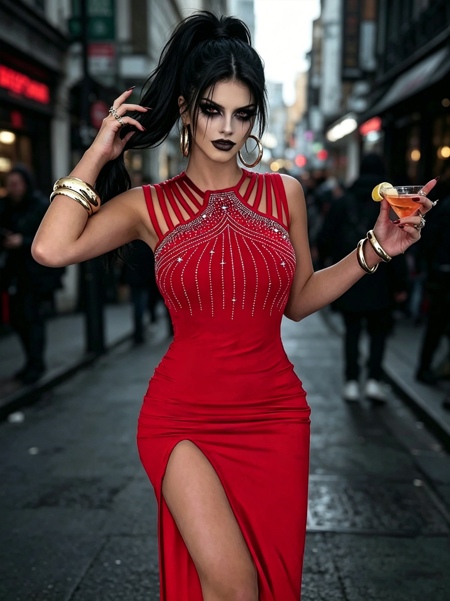 Elegant Rhinestone-Embellished Slit Bodycon Dress