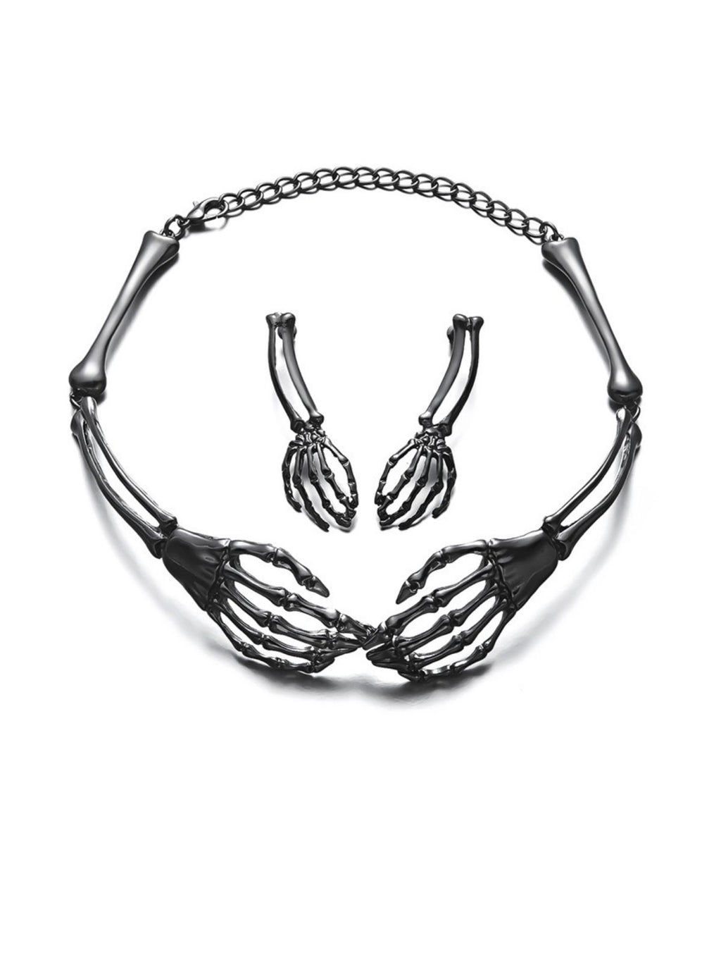 Dark Retro Bone Ghost Hand Necklace and Earring Set