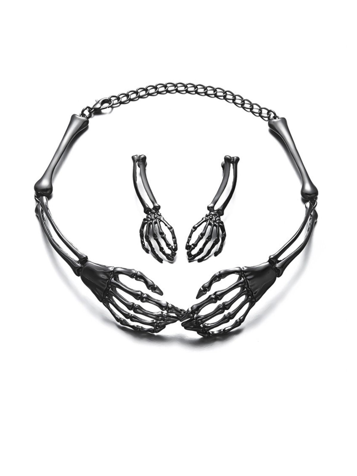 Dark Retro Bone Ghost Hand Necklace and Earring Set