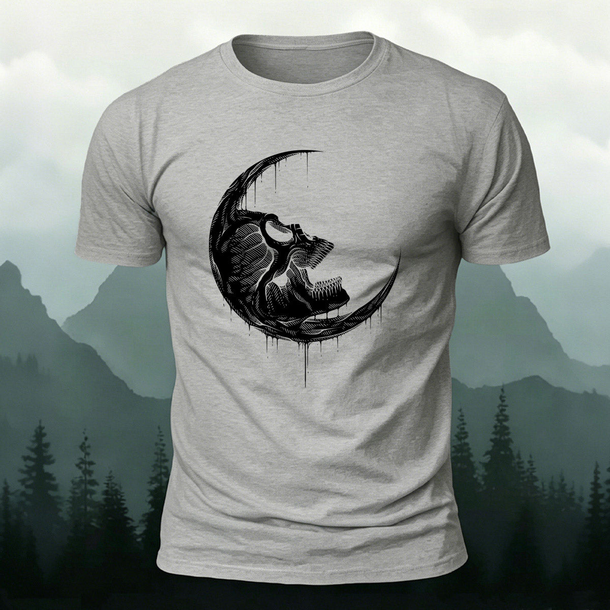 Skull Moon Graphic Trend Premium Cotton T-Shirt Grey