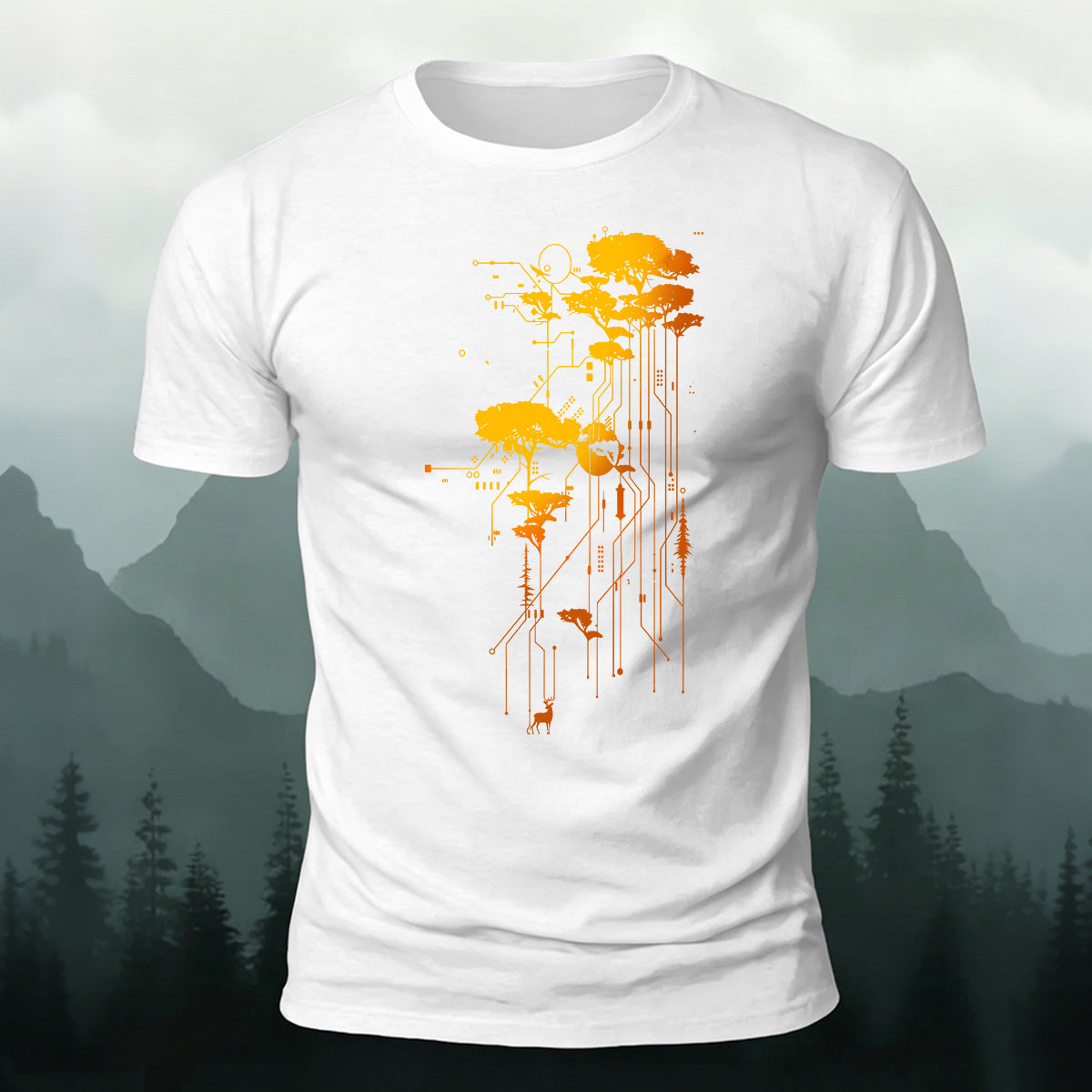 Artistic Trees Pattern Breathable Material Casual T-Shirt White
