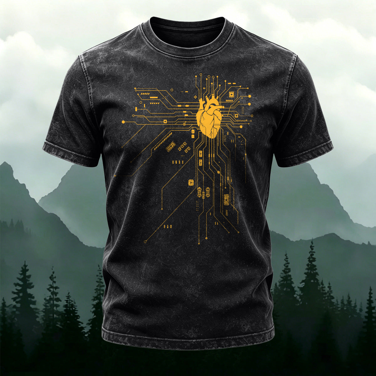 Heart Circuit Pattern Casual Washed Cotton T-Shirt