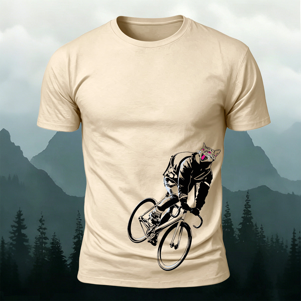 Red-Eyed Handsome Cat Cycling Series Printed Cotton T-Shirt