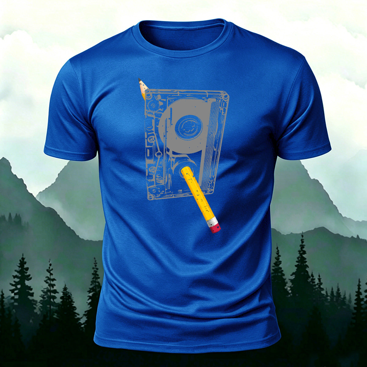 Pencil and Tape Pattern Soft-touch Feel T-Shirt Blue