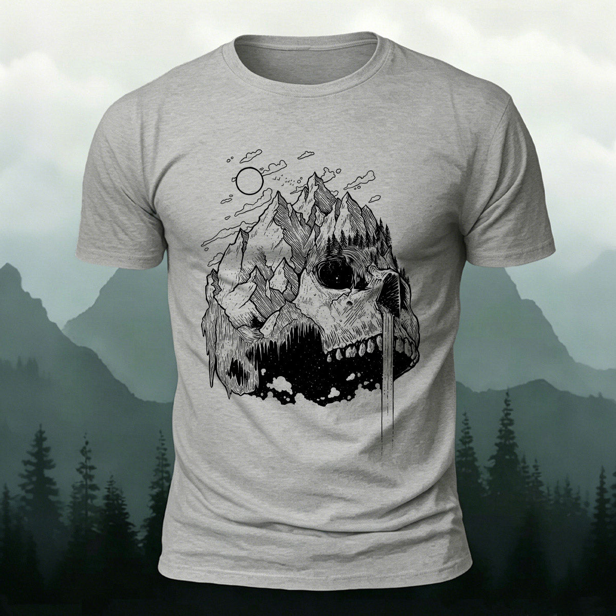 Creative Mountain-Shaped Skull Skin-Friendly T-Shirt Grey