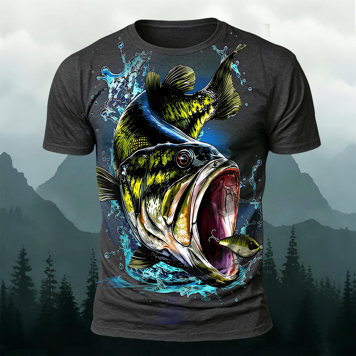 Black Fish Pattern Casual Graffiti Polyester T-Shirt Dark Grey