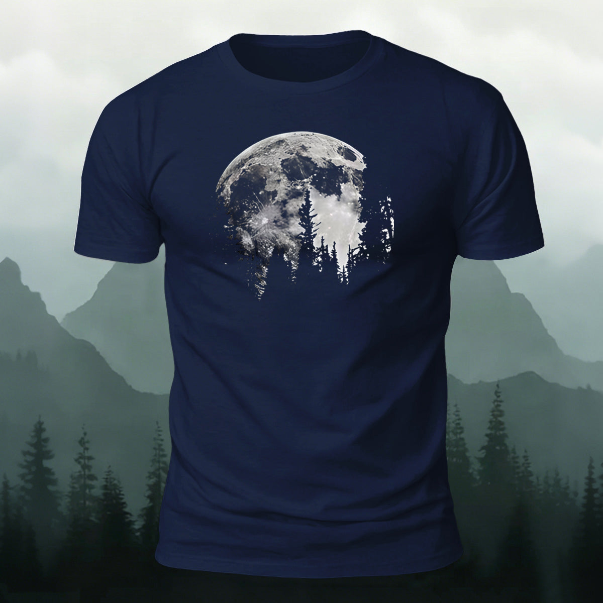 Moon Print Combed Cotton Casual T-Shirt Navy