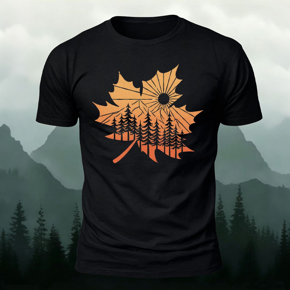 Maple Leaf Pattern Premium Cotton T-Shirt Black
