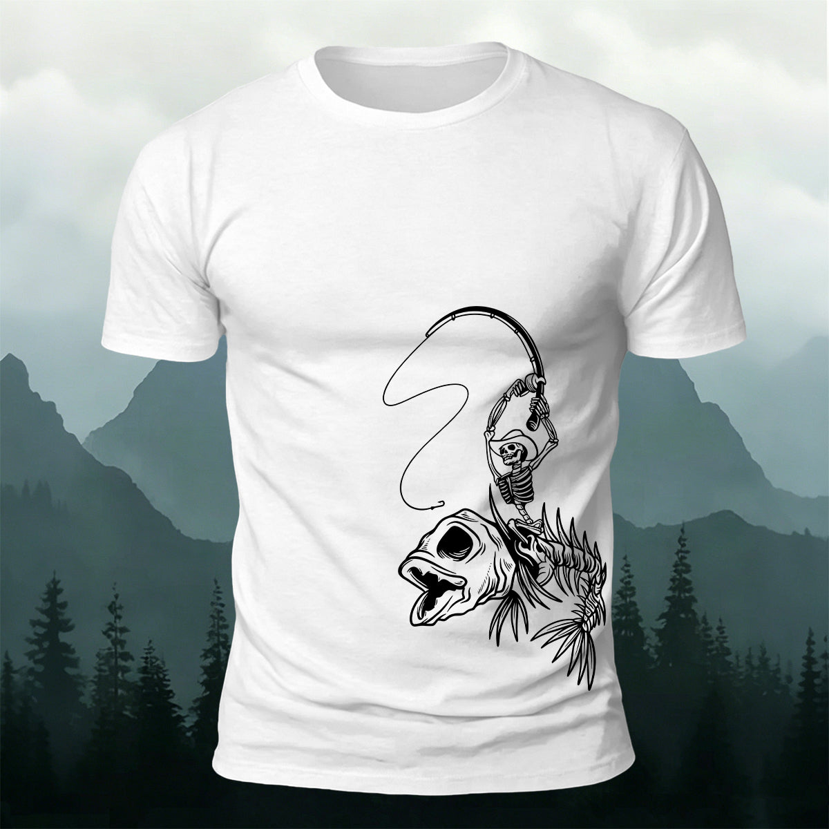 Fishbone Fishing Series Printed Round-Neck Cotton T-Shirt