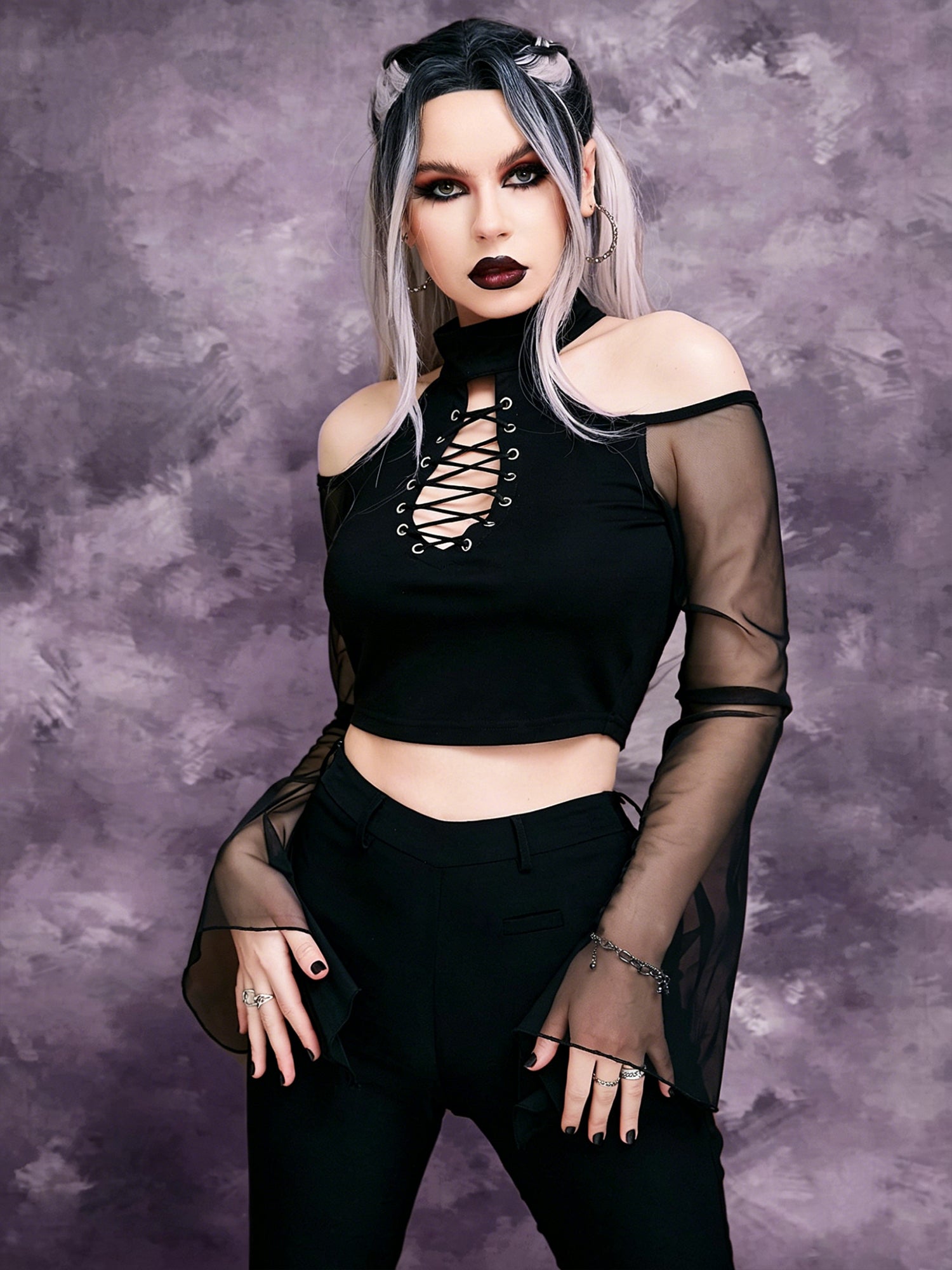 Dark Gothic-style Lace-Up Mesh-Paneled Bell-Sleeve Top