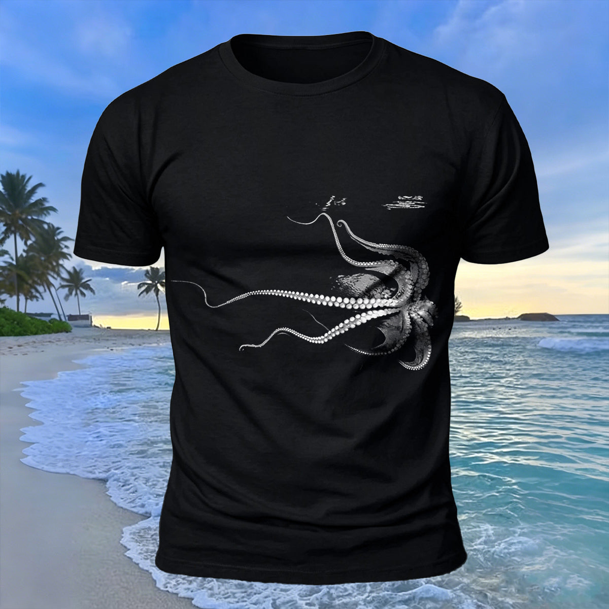 Octopus Silhouette Print Casual Cotton T-Shirt