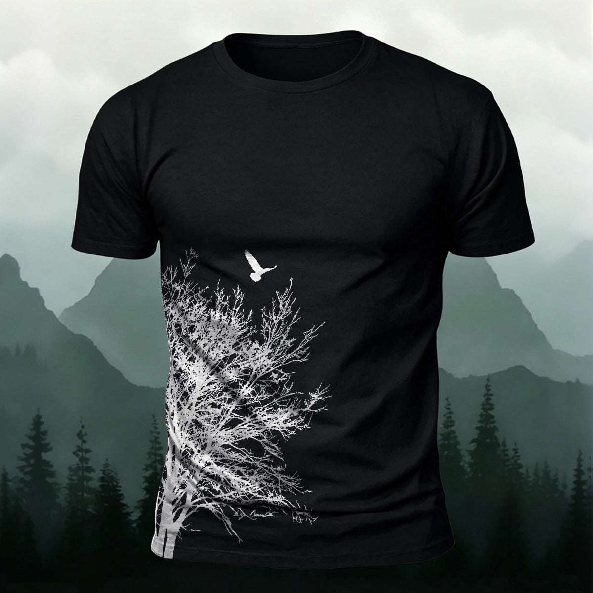 Minimalist  Tree Pattern Natural Style Casual T-Shirt Black