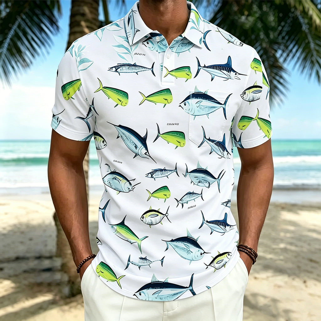 Sardine Print Slim-Fit Beach Resort  Polo Shirt