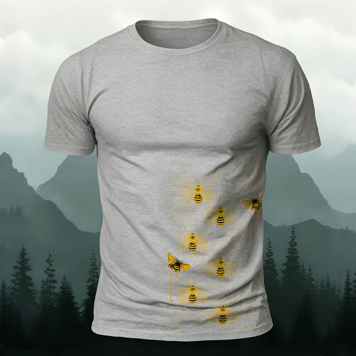 Bees Pattern Natural Casual Premium Cotton T-Shirt Grey