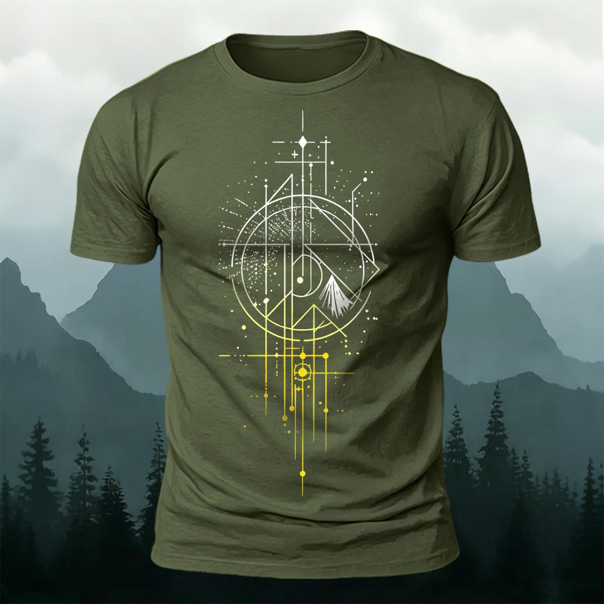 Line Gradient Mountain Print Premium Cotton T-Shirt AMG