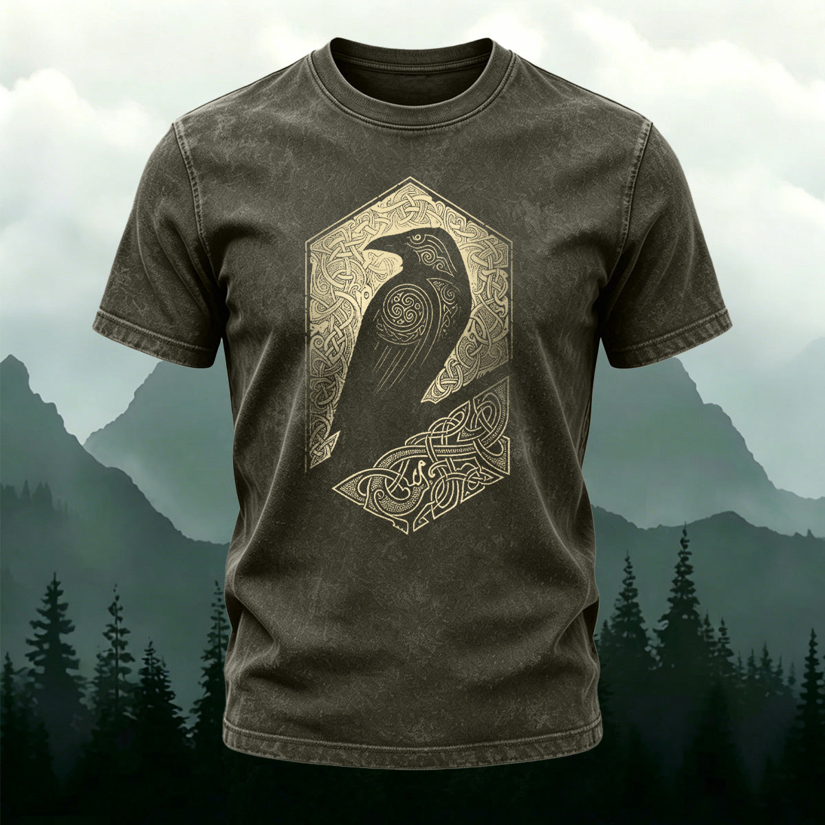 Artistic Bird Print Outdoor Style Washed Cotton T-Shirt