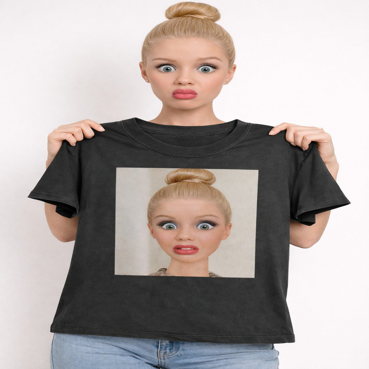 Shocked Expression Print Washed Cotton T-Shirt