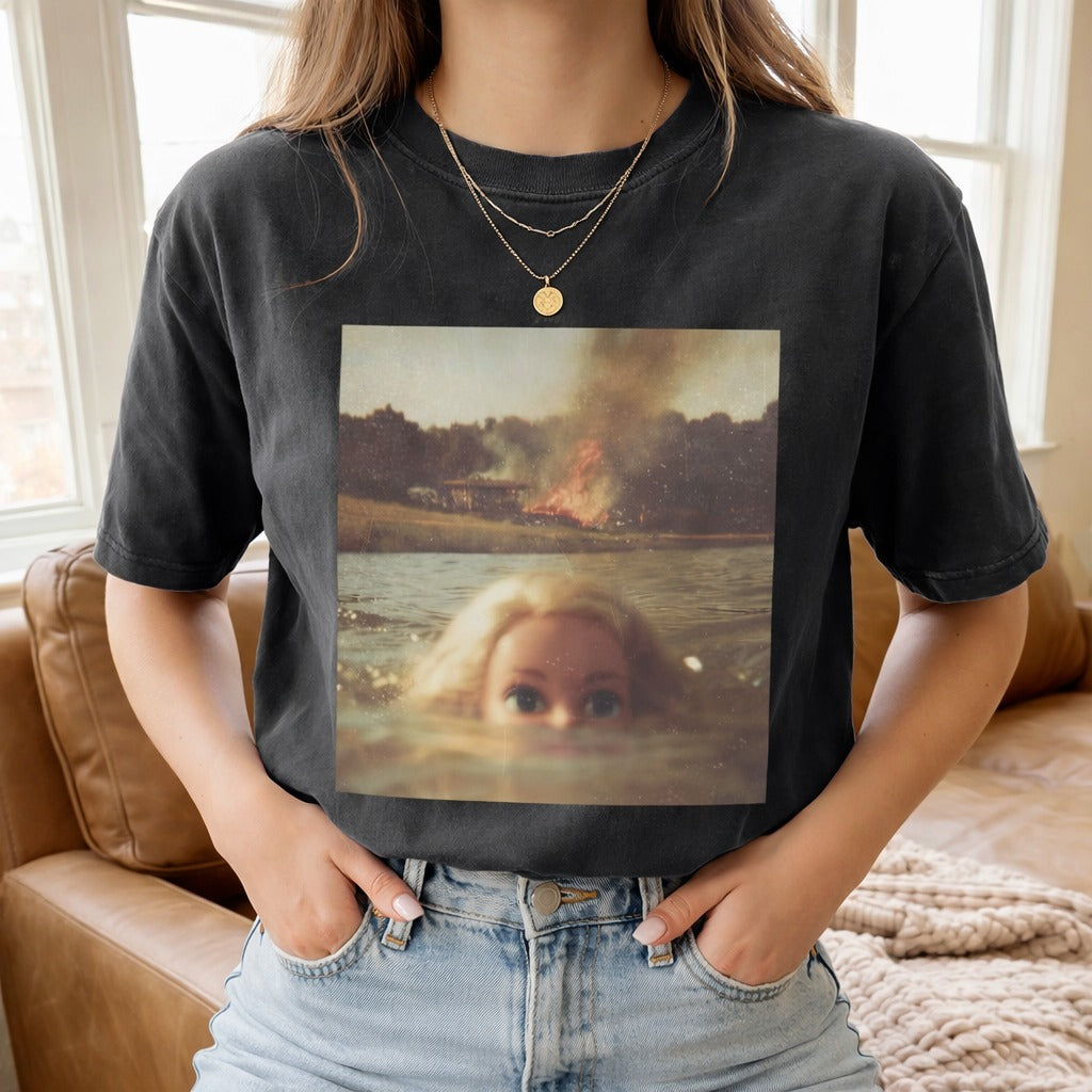 MEME Drowning Print Washed Cotton Round-Neck T-Shirt