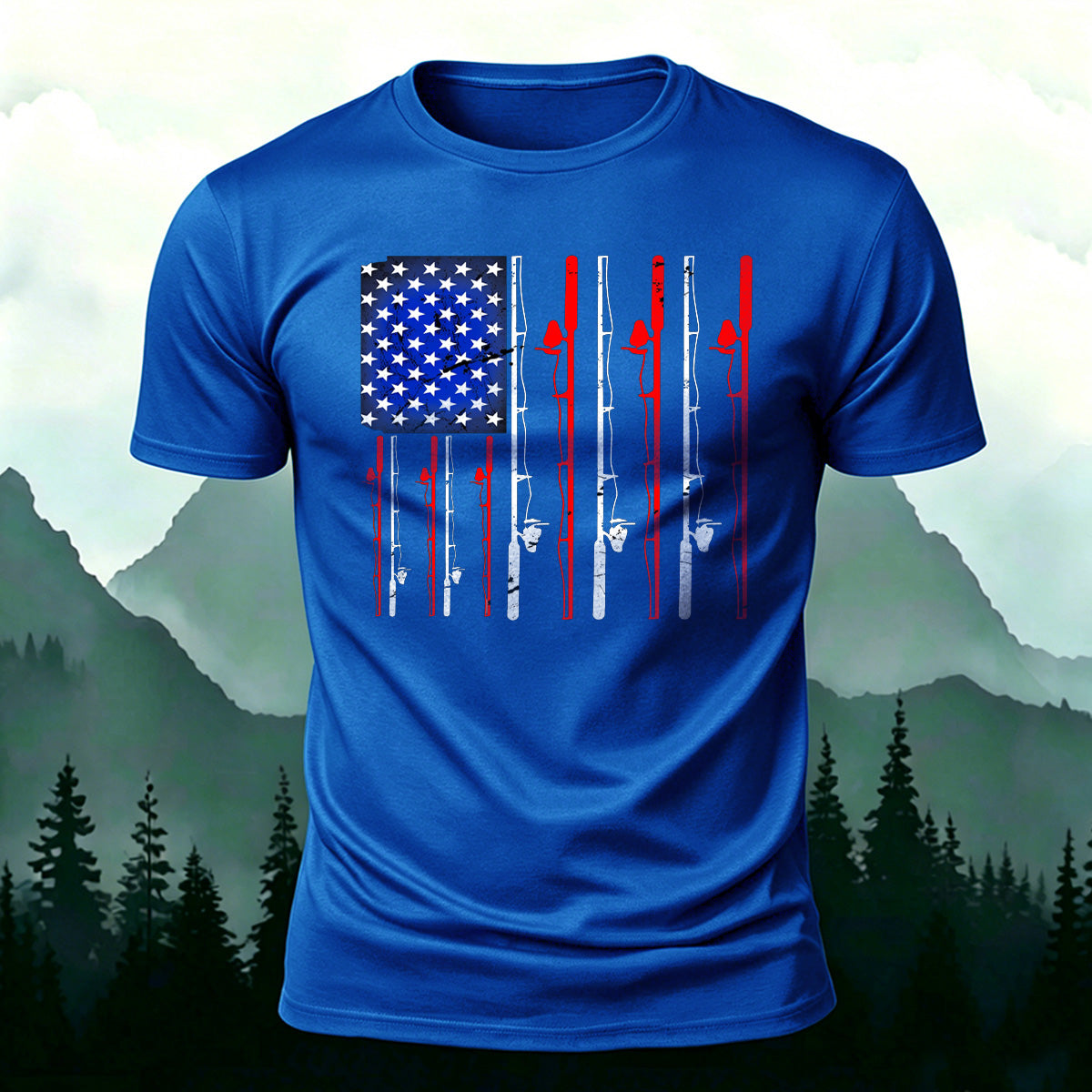 American-style Fishing Rod Pattern Cotton T-shirt