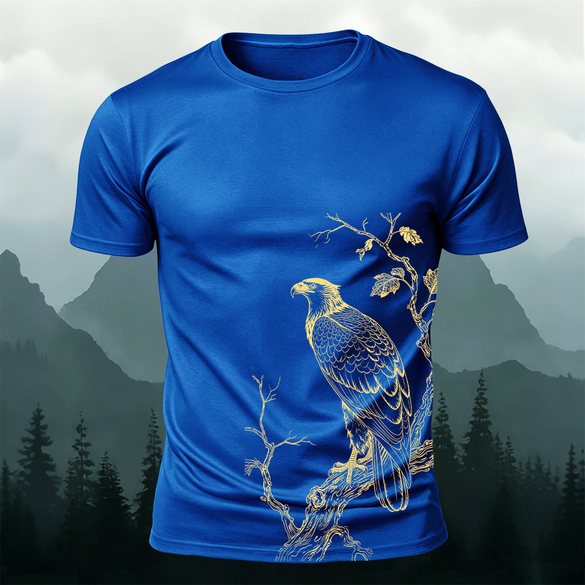 Bird-on-a-Branch PrintCasual 100% Cotton T-Shirt Blue