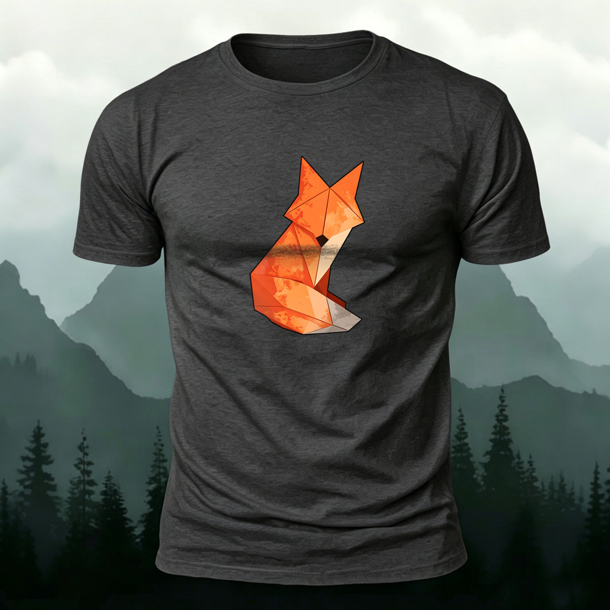 Origami Fox Print Premium Cotton Casual T-Shirt Dark Grey